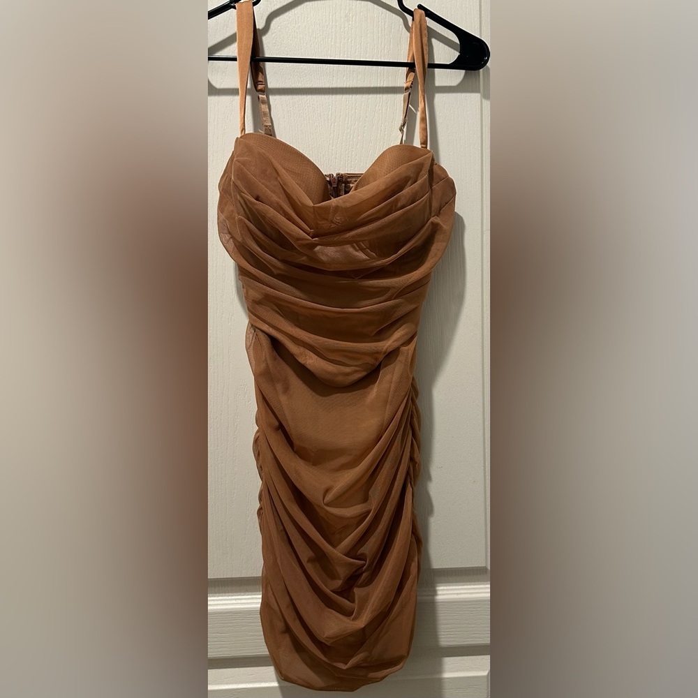 Oh Polly Cindy Strappy Corset Ruched Bodycon  Corset Mini Dress in Brown ZB8 - Picture 3 of 9